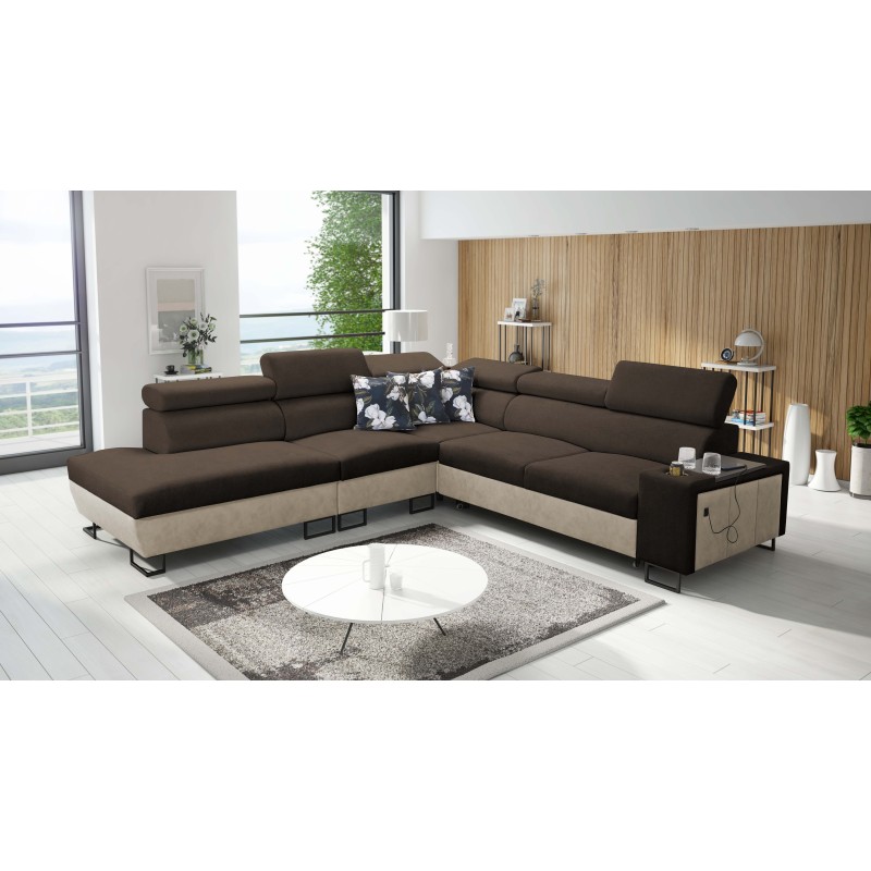 Prestige IX corner sofa with sleeping function and USB port - Soft to the touch, Freya 210.08 + Tauro 8203