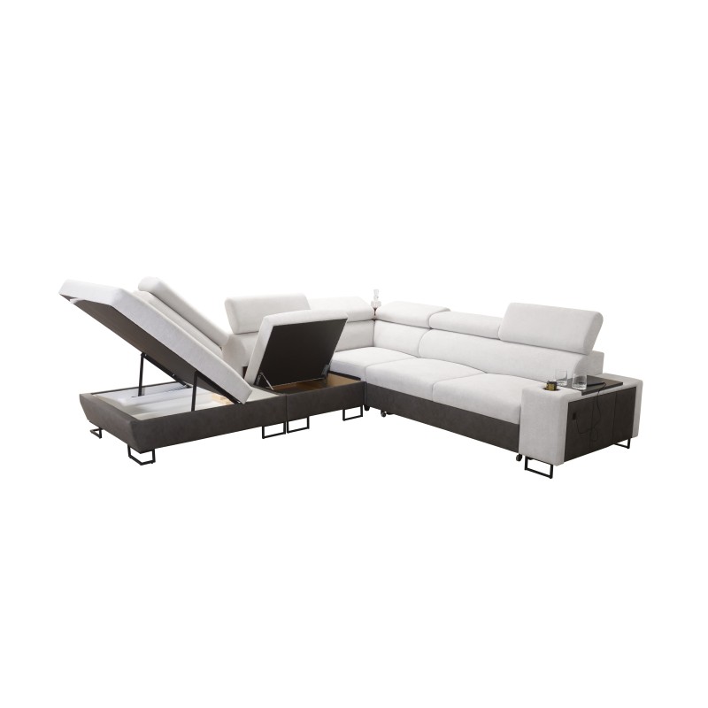 Prestige IX corner sofa with sleeping function and USB port - Soft to the touch, Freya 210.02 + Tauro 8202