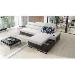 Prestige I Maxi corner sofa with a sleeping function and USB port - Soft to the touch, Freya 210.18 + Tauro 8207