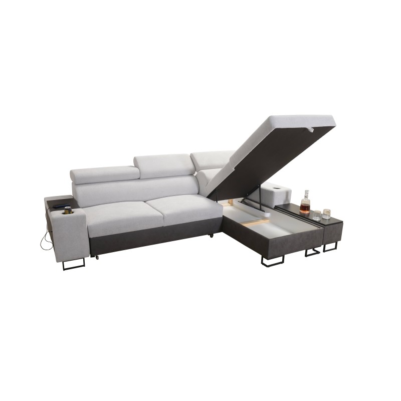 Prestige I Maxi corner sofa with a sleeping function and USB port - Soft to the touch, Freya 210.18 + Tauro 8207
