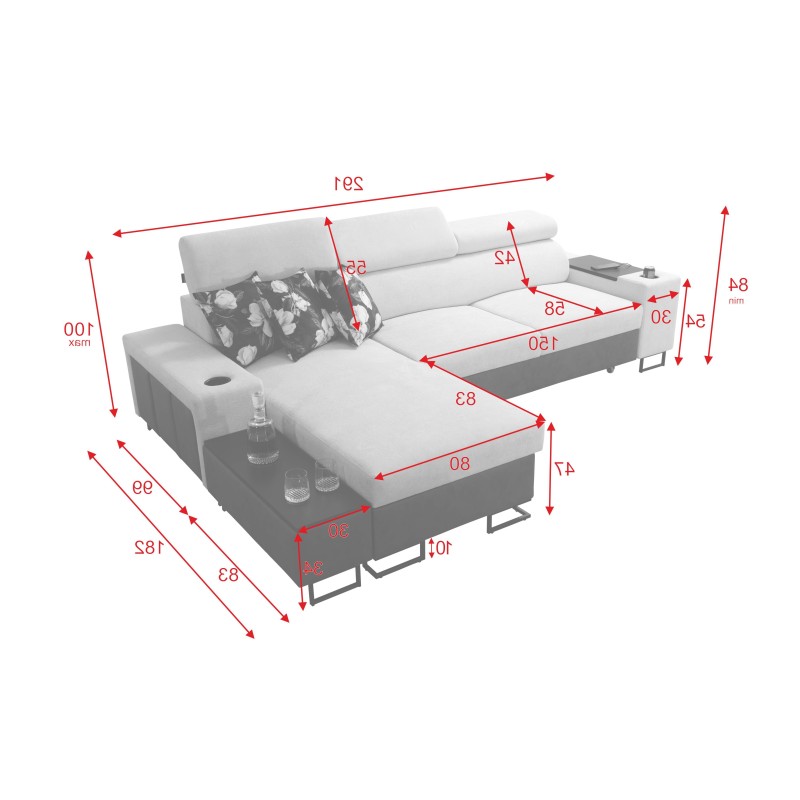 Prestige I Maxi Corner Sofa with Sleeping Function and USB Port - Soft to the Touch, Freya 210.02 + Tauro 8202