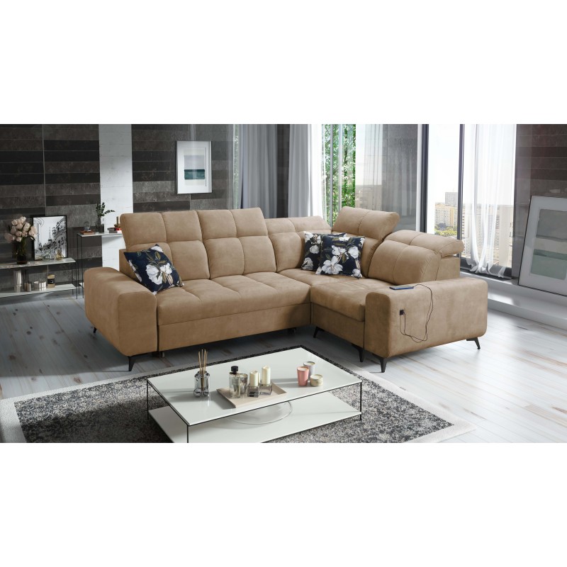 Sofá esquinero Ascot II con función de cama, puerto USB y reposacabezas ajustables en terciopelo, Wave 4 | Tu marca de muebles.