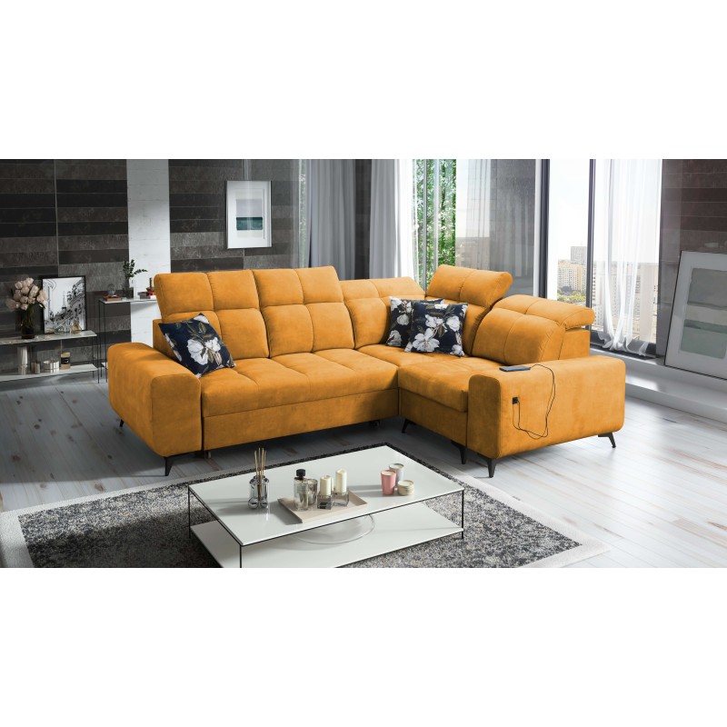 Sofá esquinero Ascot II con función de cama, puerto USB y reposacabezas ajustables Terciopelo, Wave 5 | Tu marca de muebles