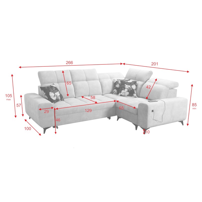 Sofá Esquinero Ascot II con función de cama, puerto USB y reposacabezas ajustables Terciopelo, Wave 10 | Tu marca de muebles