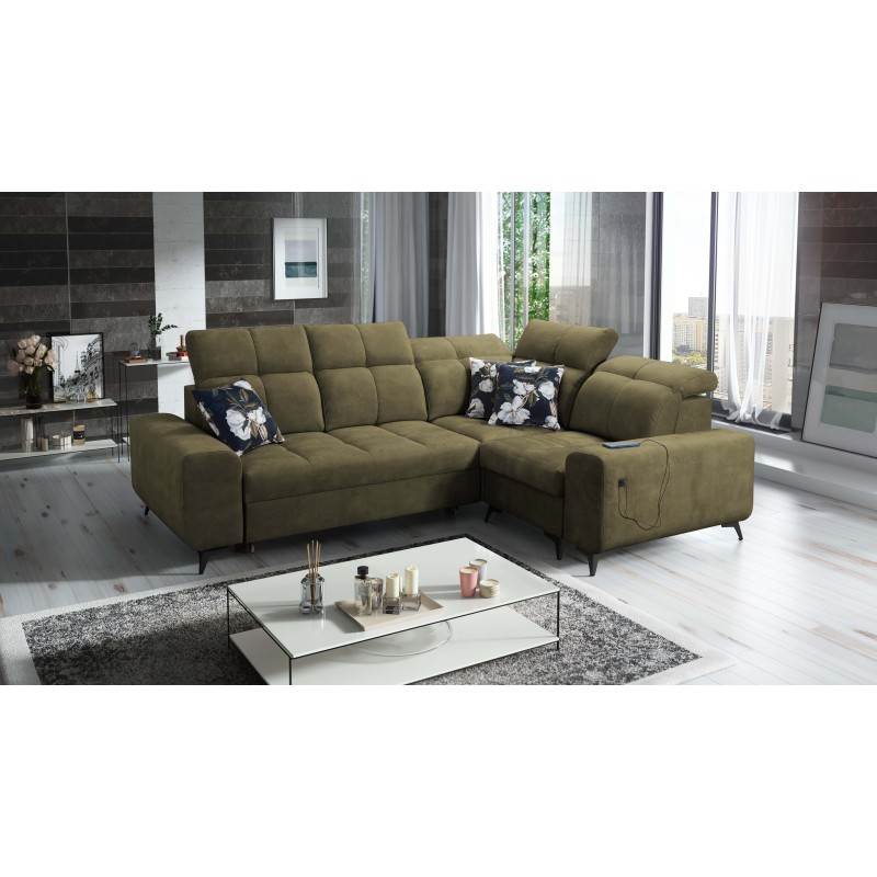 Ascot II Corner Sofa with Sleeping Function, USB Port, and Adjustable Headrests in Velvet, Wave 11 | Your Furniture Brand