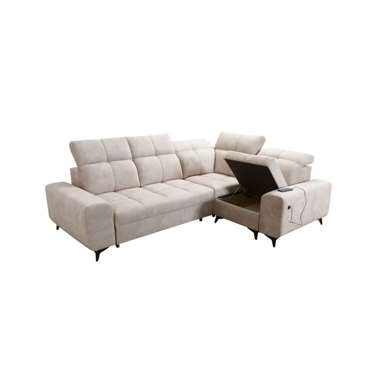 Esquinero Ascot II con función de cama, puerto USB y reposacabezas ajustables Terciopelo, Wave 12 | Tu marca de muebles