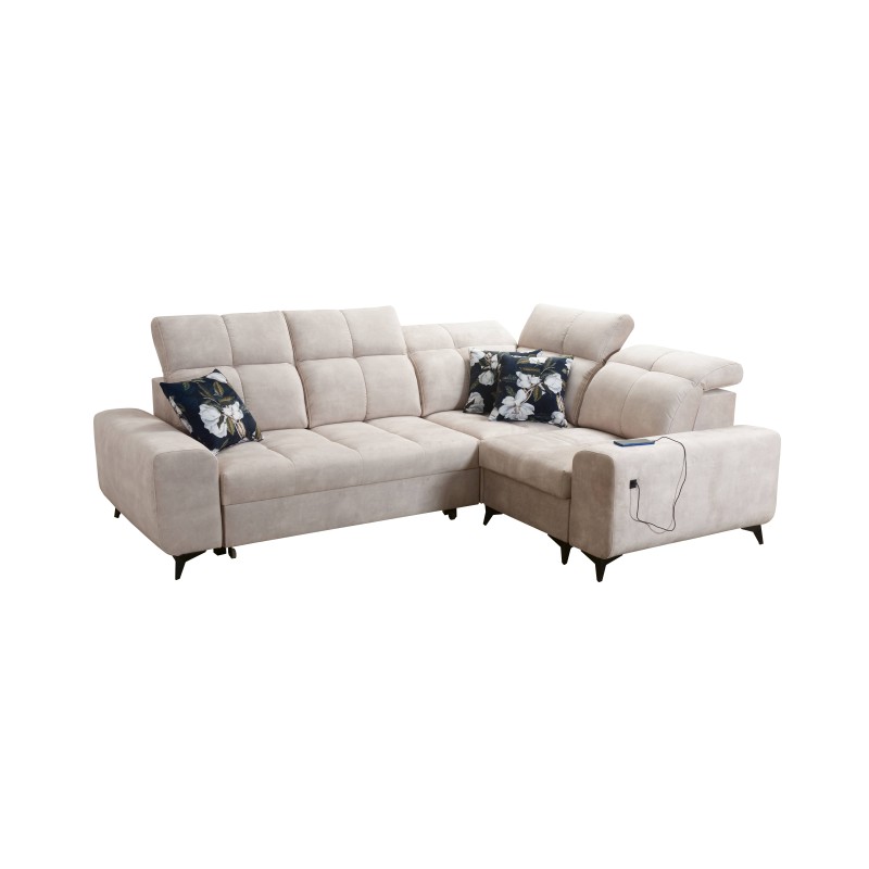 Esquinero Ascot II con función de cama, puerto USB y reposacabezas ajustables Terciopelo, Wave 12 | Tu marca de muebles