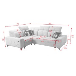 Sofá esquinero Ascot II con función de cama, puerto USB y reposacabezas ajustables en terciopelo, Wave 4 | Tu marca de muebles.