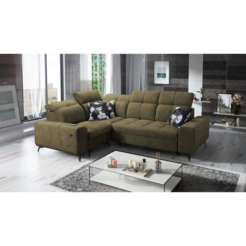Sofá esquinero Ascot II con función de cama, puerto USB y reposacabezas ajustables en terciopelo, Wave 11 | Tu marca de muebles