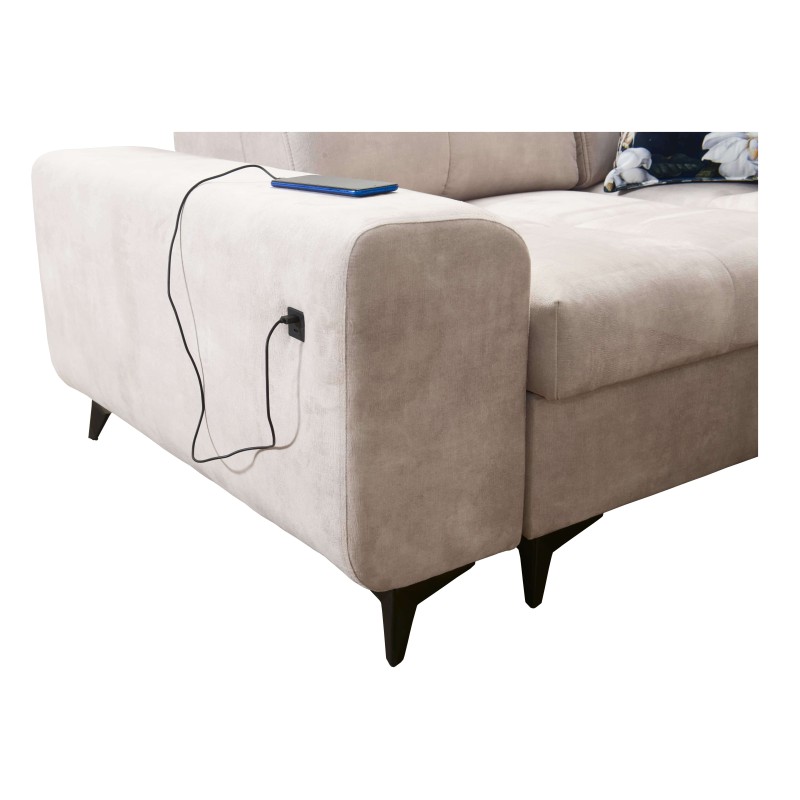 Sofá esquinero Ascot II con función de cama, puerto USB y reposacabezas ajustables en terciopelo, Wave 11 | Tu marca de muebles