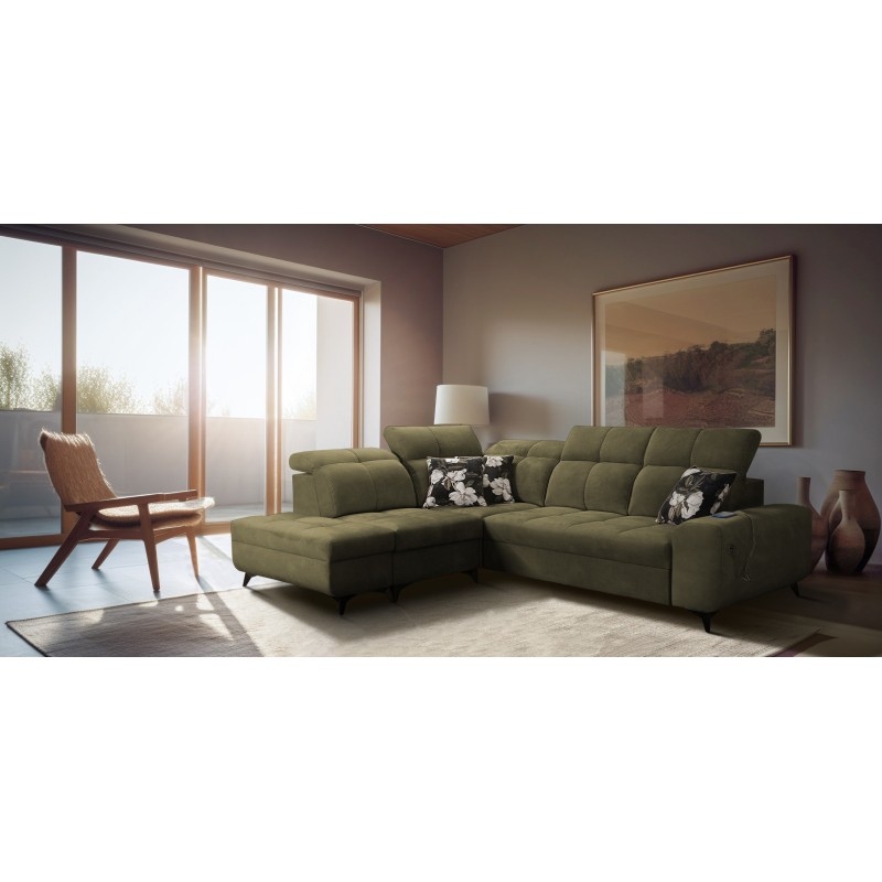 Esquina Ascot VII con función de cama, puerto USB, reposacabezas ajustables: sofisticación y confort en uno.