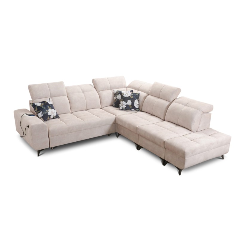 Ascot IX corner sofa with sleeping function, USB port, and adjustable headrests - Velvet, Wave 1