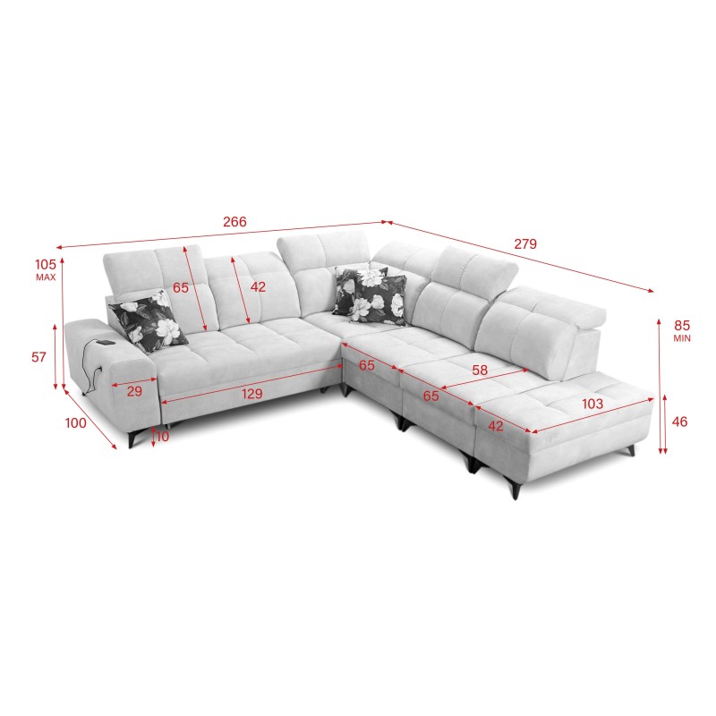 Ecksofa Ascot IX mit Schlaffunktion, USB-Anschluss und verstellbaren Kopfstützen - Velours, Wave 10