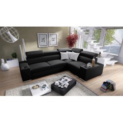 Napoli II corner sofa with sleeping function and bar - Woven fabric, Sawana 14 + Eco-leather