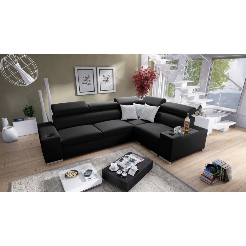 Napoli II corner sofa with sleeping function and bar - Woven fabric, Sawana 14 + Eco-leather
