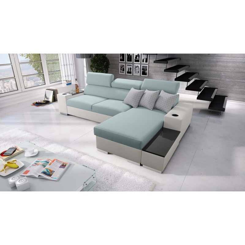 Napoli I Mini Corner Sofa with Sleeping Function and Bar - Woven Fabric, Sawana 72 + Eco-leather + Eco-leather