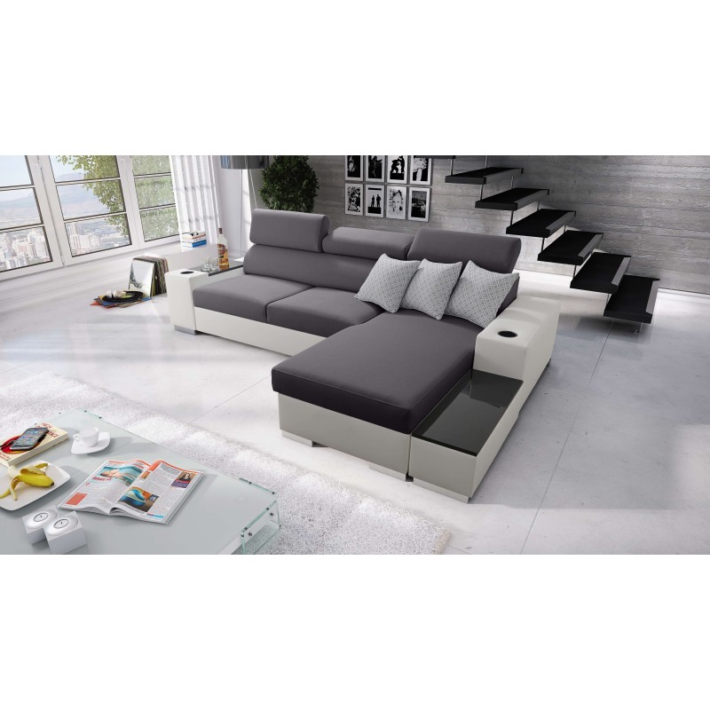 Napoli I Mini Corner Sofa with Sleeping Function and Bar - Woven Fabric, Sawana 96 + Eco-leather + Eco-leather