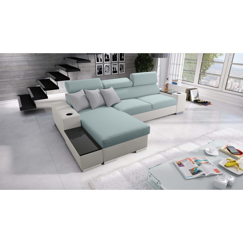 Napoli I Mini Corner Sofa with Sleeping Function and Bar - Woven Fabric, Sawana 72 + Eco-leather + Eco-leather