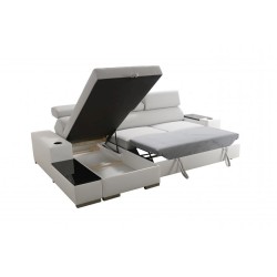 Napoli I Mini Corner Sofa with Sleeping Function and Bar - Woven Fabric, Sawana 96 + Eco-leather + Eco-leather