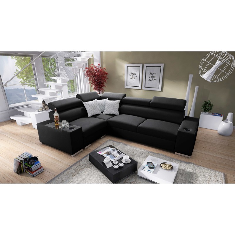 Napoli II corner sofa with sleeping function and bar - Woven fabric, Sawana 14 + Eco-leather