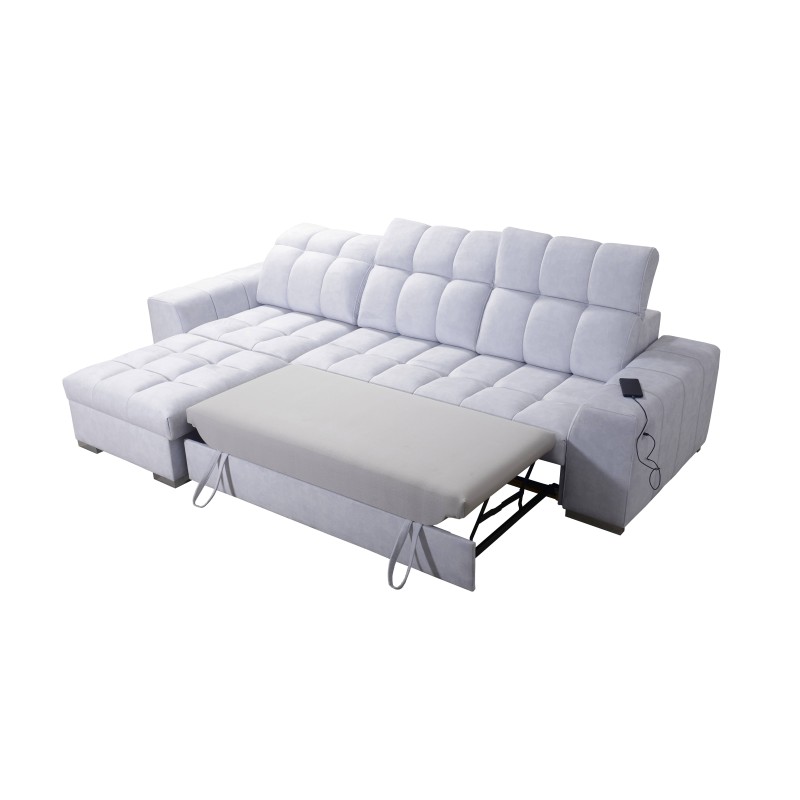 Sofá esquinero Prisma I con función de cama y puerto USB: comodidad y elegancia en uno.