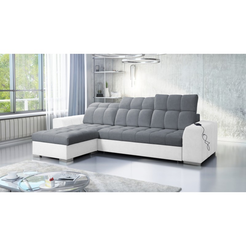 Sofá esquinero Prisma I con función de cama y puerto USB: comodidad y elegancia en uno.