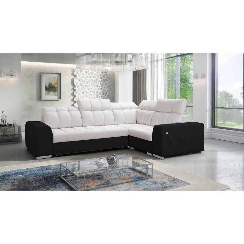 Narożnik Prisma II z funkcją spania w tkaninie Velvet | Pet friendly, Terra 06 + Ecoskóra czarna | Twoje idealne miejsce do rela