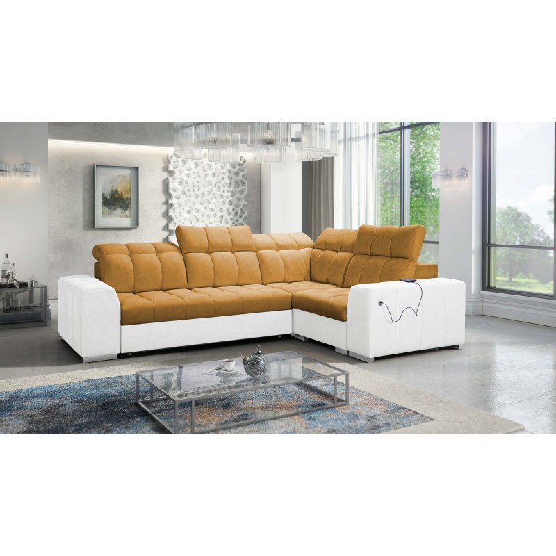 Sofá esquinero Prisma II con función de cama en tela de terciopelo | Apto para mascotas, Terra 48 + Eco-cuero | Tu lugar ideal p