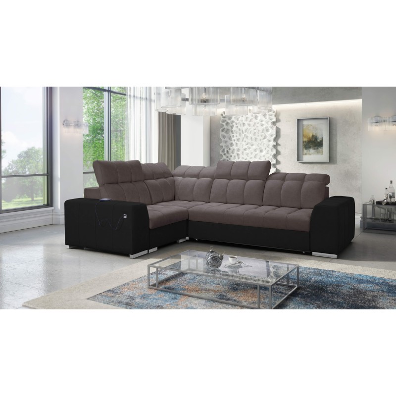 Prisma II corner sofa with a sleeping function in Velvet fabric | Pet friendly, Terra 26 + Black Eco-leather | Your ideal place 