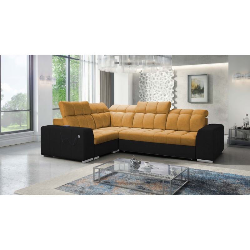 Prisma II Ecksofa mit Schlaffunktion im Velvet-Stoff | Haustierfreundlich, Terra 48 + Schwarzes Ökoleder | Dein perfekter Ort zu