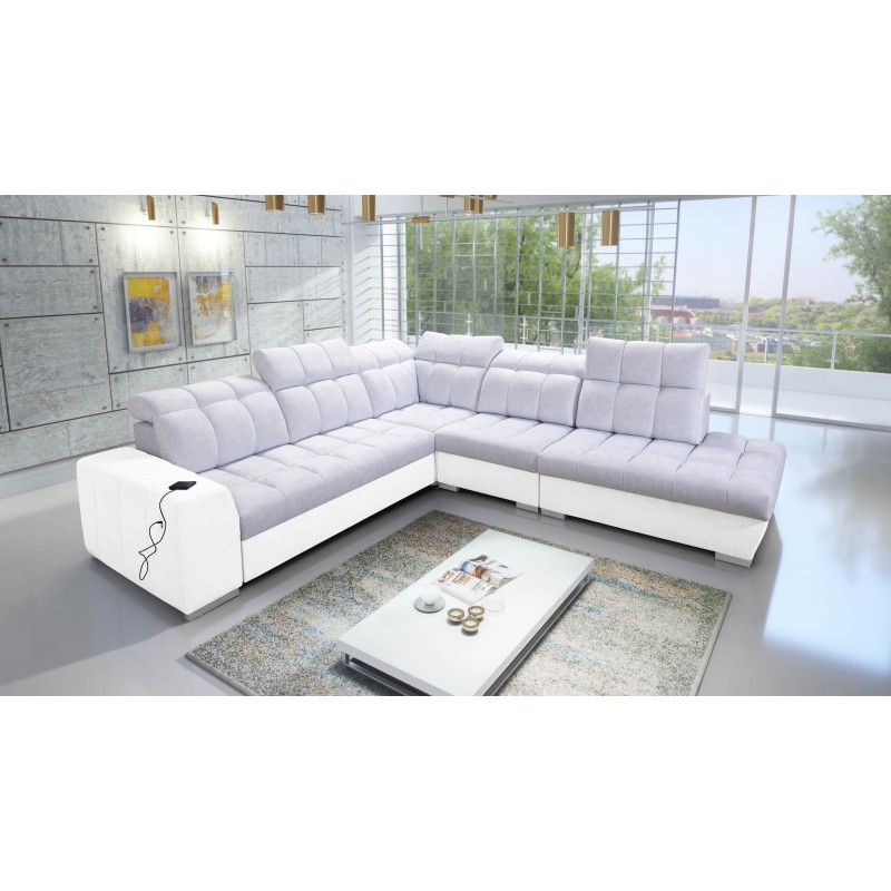 Ecksofa Prisma IX mit Schlaffunktion, USB-Anschluss und Bettkasten - Samt | Haustierfreundlich, Terra 80 + Ökoleder