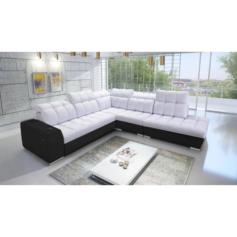 Prisma IX Corner Sofa with a sleeping function, USB port, and bedding storage - Velvet | Pet friendly, Terra 80 + Black Eco-leat