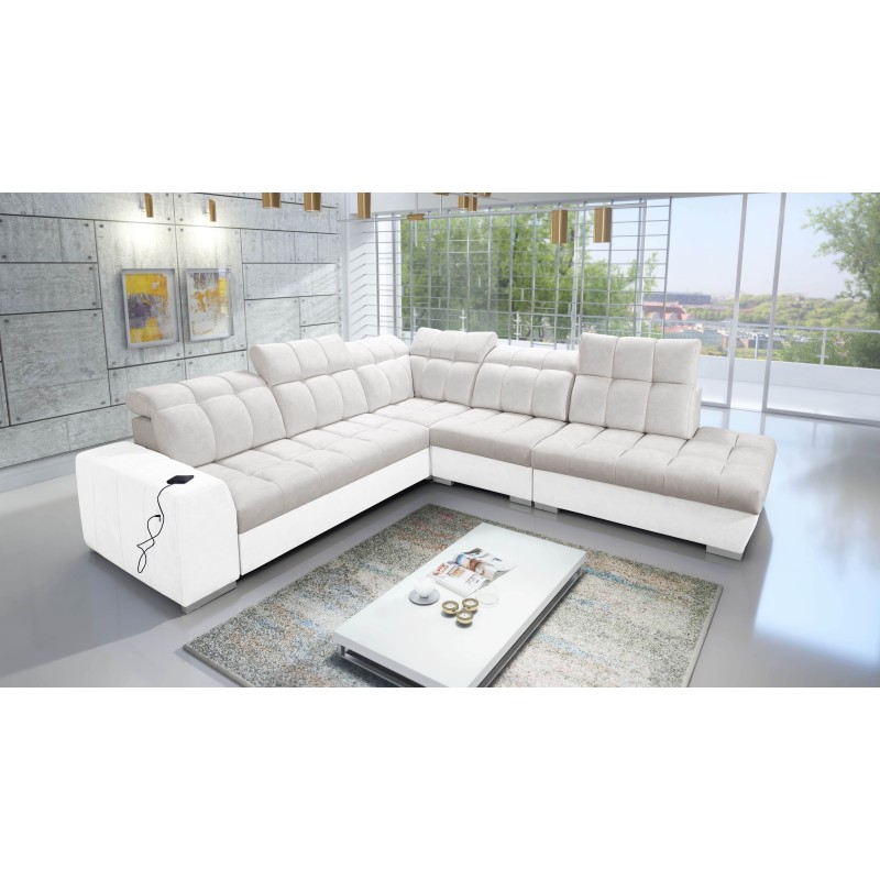 Prisma IX Ecksofa mit Schlaffunktion, USB-Anschluss und Bettkasten - Velvet | Haustierfreundlich, Terra 06 + Kunstleder