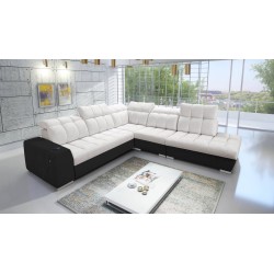 Prisma IX Ecksofa mit Schlaffunktion, USB-Anschluss und Bettkasten - Samt | Haustierfreundlich, Terra 06 + schwarzes Kunstleder