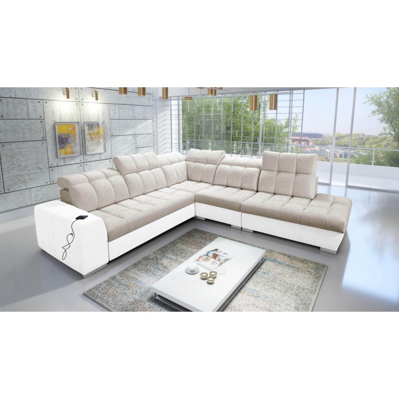 Prisma IX Ecksofa mit Schlaffunktion, USB-Anschluss und Bettkasten - Samt | Haustierfreundlich, Terra 13 + Ökoleder