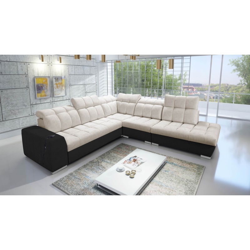 Prisma IX Corner Sofa with sleeping function, USB port, and bedding container - Velvet | Pet friendly, Terra 13 + Black Eco-leat