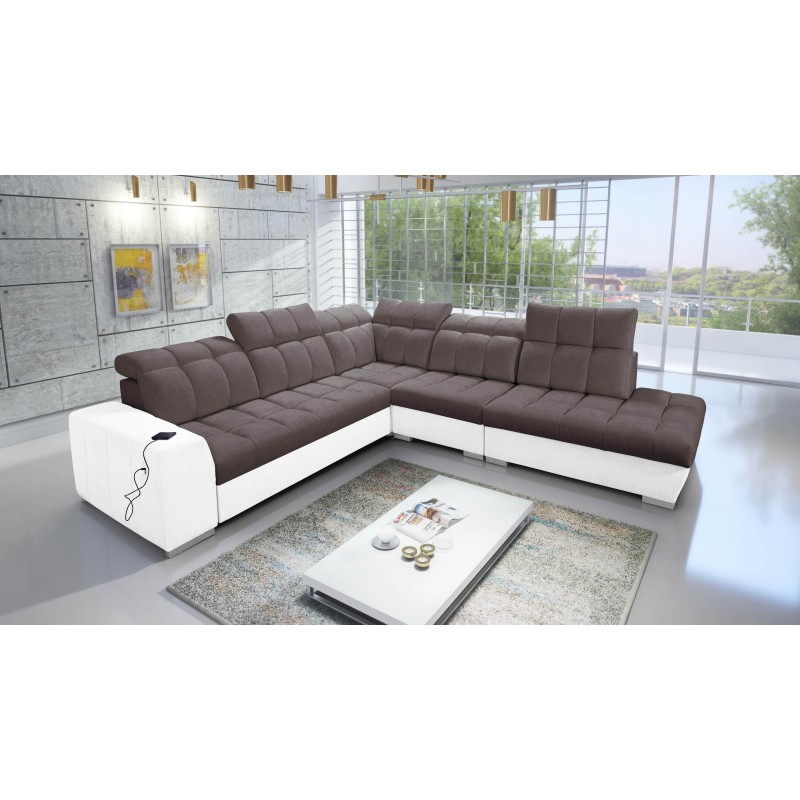 Narożnik Prisma IX z funkcją spania, portem usb i pojemnikiem na pościel - Velvet | Pet friendly, Terra 26 + Ecoskóra