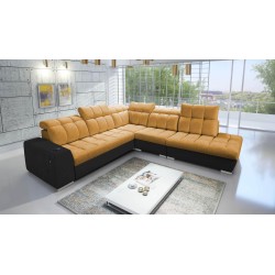 Prisma IX corner sofa with sleeping function, USB port, and bedding storage - Velvet | Pet friendly, Terra 48 + Black Eco-leathe