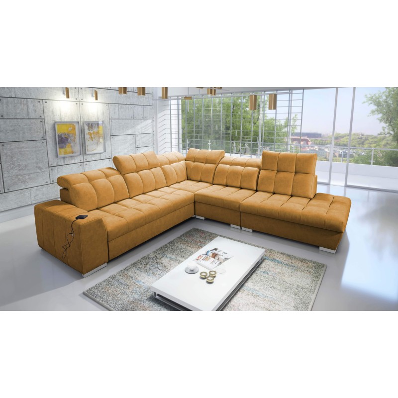 Prisma IX corner sofa with sleeping function, USB port, and bedding storage - Velvet | Pet friendly, Terra 48