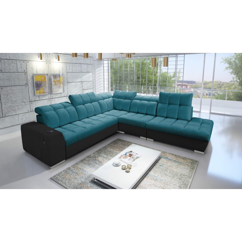 Prisma IX Corner Sofa with sleeping function, USB port, and bedding storage - Velvet | Pet friendly, Terra 75 + Black Eco-leathe