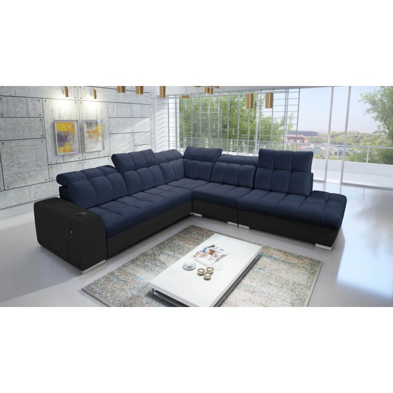 Prisma IX corner sofa with sleeping function, USB port, and bedding storage - Velvet | Pet friendly, Terra 79 + Black eco-leathe