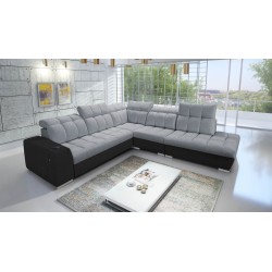 Prisma IX corner sofa with sleeping function, USB port, and bedding storage - Velvet | Pet friendly, Terra 92 + Black Eco-leathe