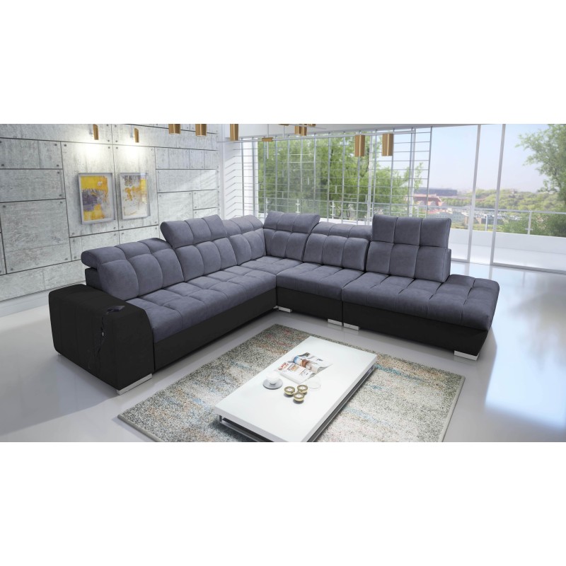 Prisma IX corner sofa with a sleeping function, USB port, and storage for bedding - Velvet | Pet friendly, Terra 96 + Black Eco-