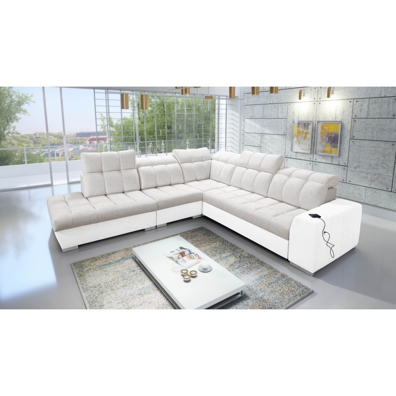 Prisma IX Ecksofa mit Schlaffunktion, USB-Anschluss und Bettkasten - Velvet | Haustierfreundlich, Terra 06 + Kunstleder