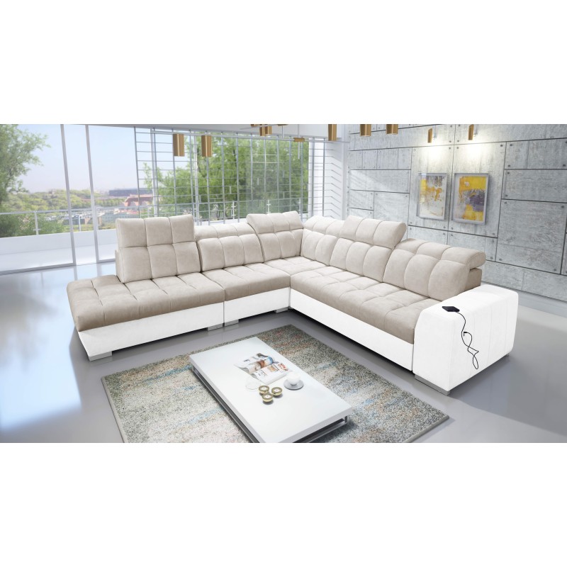 Prisma IX Ecksofa mit Schlaffunktion, USB-Anschluss und Bettkasten - Samt | Haustierfreundlich, Terra 13 + Ökoleder