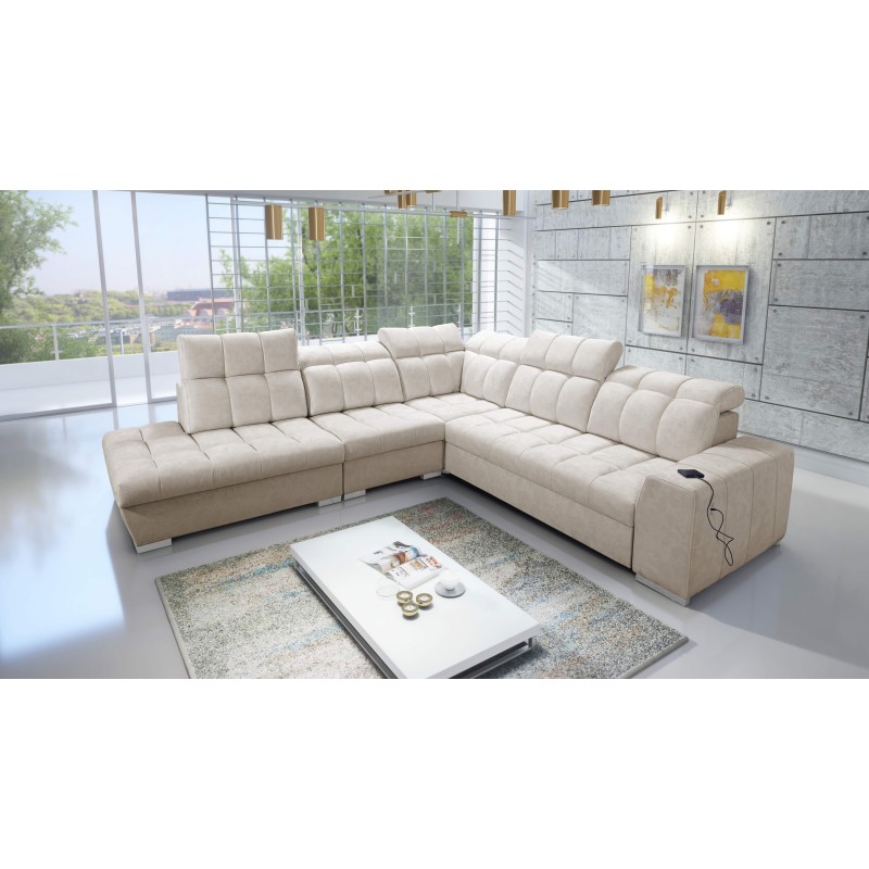 Prisma IX corner sofa with sleeping function, USB port, and bedding storage - Velvet | Pet friendly, Terra 13