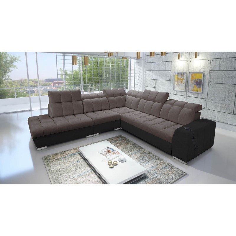 Prisma IX corner sofa with sleeping function, USB port, and bedding storage - Velvet | Pet-friendly, Terra 26 + Black Eco-leathe