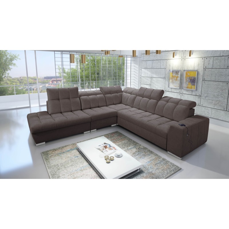 Prisma IX corner sofa with sleeping function, USB port, and bedding storage - Velvet | Pet friendly, Terra 26