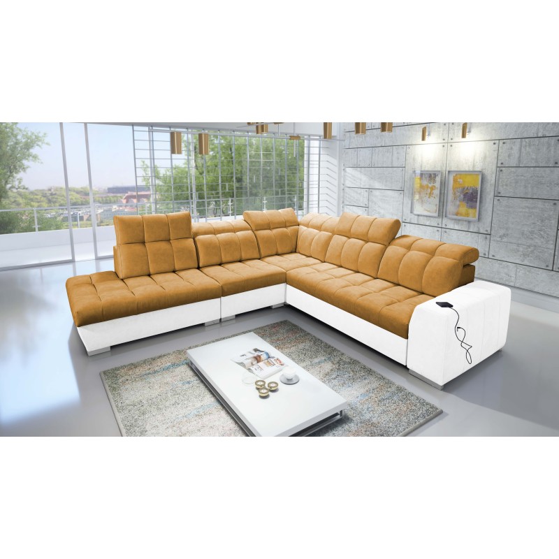 Ecksofa Prisma IX mit Schlaffunktion, USB-Anschluss und Bettkasten - Velvet | Haustierfreundlich, Terra 48 + Kunstleder