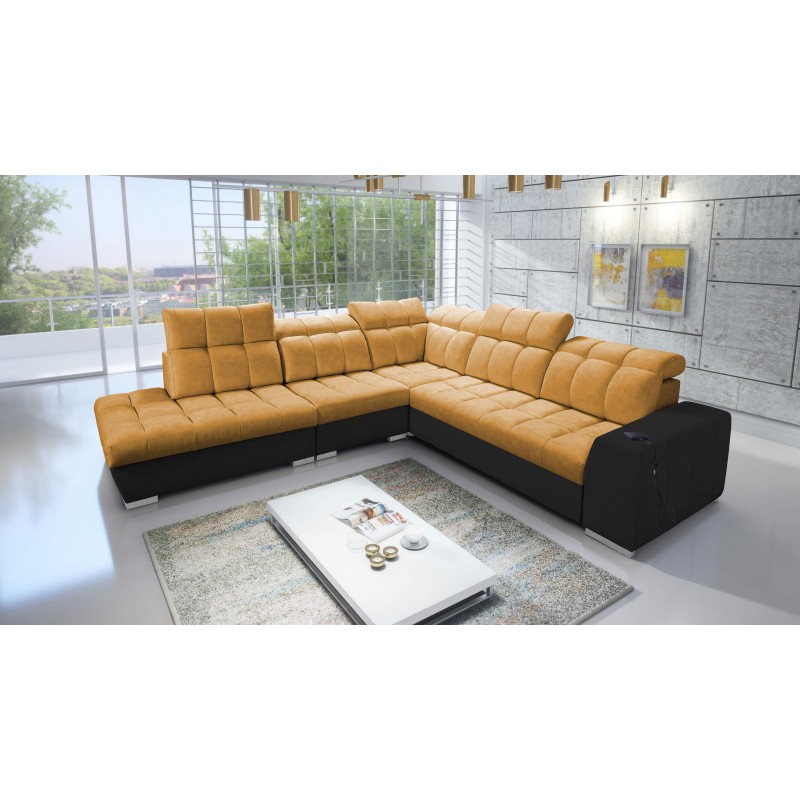 Prisma IX Ecksofa mit Schlaffunktion, USB-Anschluss und Bettkasten - Samt | Haustierfreundlich, Terra 48 + Schwarzes Kunstleder